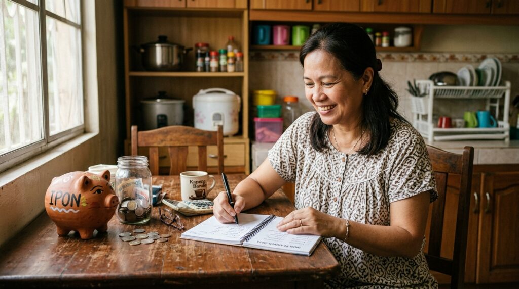 Filipino mom planning MP2 savings at home