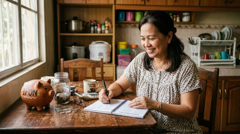 Filipino mom planning MP2 savings at home