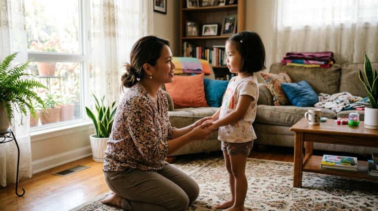 Filipino mom practicing gentle parenting with child