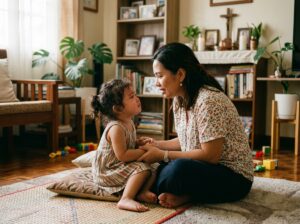 Filipino mom talking calmly with toddler at home