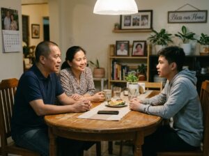 Filipino family discussing social media rules at home