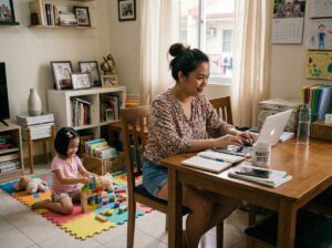 Filipino mom balancing business and parenting at home