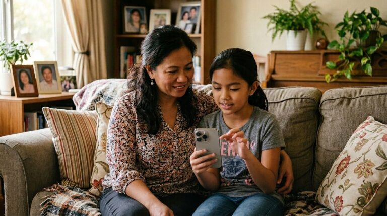 Filipino mom guiding child on social media use