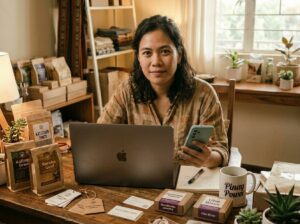 Filipino mompreneur managing online business at home