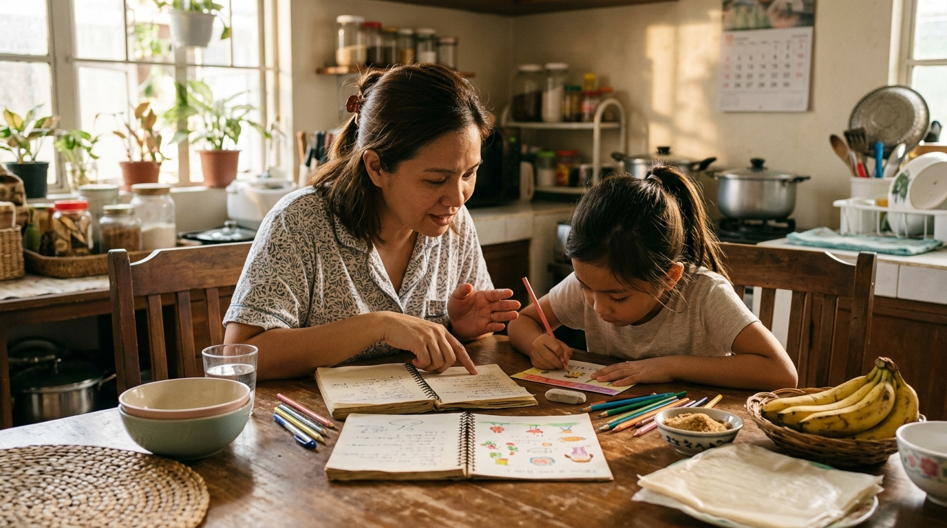 Filipino child learning a family recipe