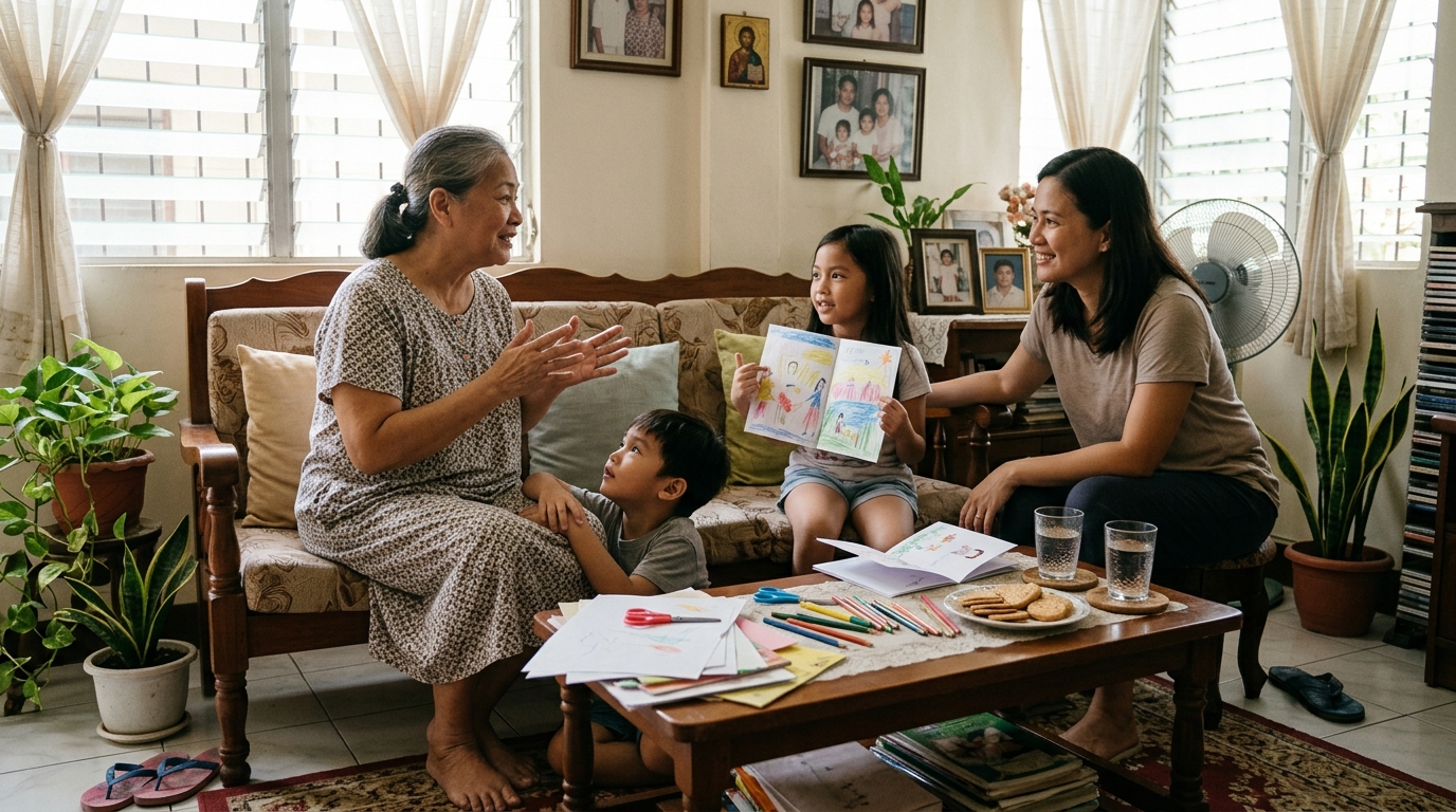 Filipino family sharing stories at home